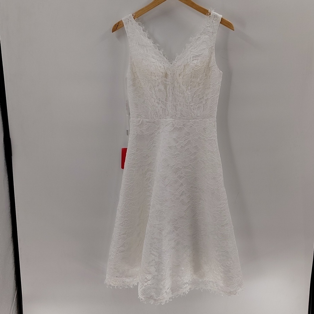 JJs House White V-neck Lace Midi Length Lace Overlay Sleeveless Wedding Dress
